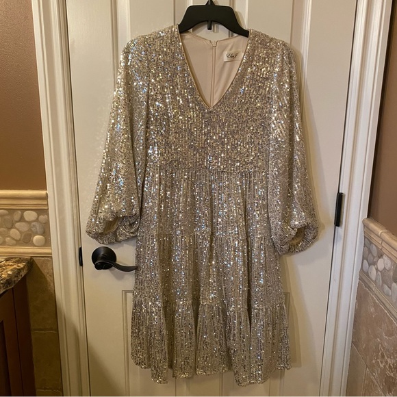 Sequin Sparkle Champagne Cocktail Party Dress - Picture 6 of 12
